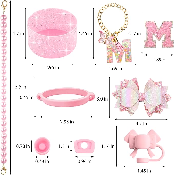 9PCS Pink for Stanley Cup Accessories Set Bling Initials Bow Charms for Stanley Decorations 30/40 Oz Tumbler Accessories Including Bow Straw Topper, Handle Strap, Spill Stopper（Letter M）