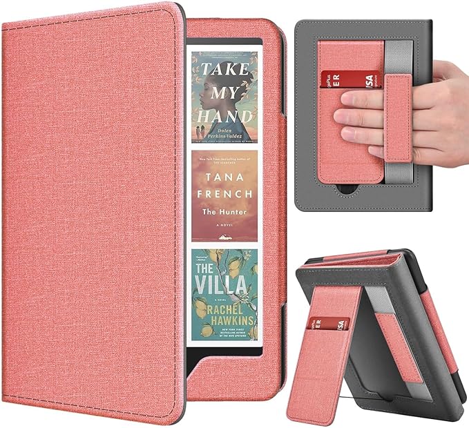 TNP Stand Case with Strap for Kindle Paperwhite 12th Gen 2024 / Kindle Colorsoft Signature Edition - 7" PU Leather Protective Folio Cover with Auto Wake/Sleep & Card Slot, Pink