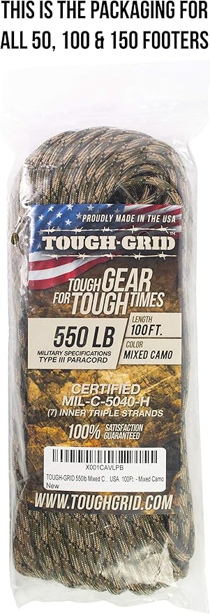 TOUGH-GRID 550 Paracord, Type III Mil-Spec Nylon Rope - 50 Ft Mixed Camo Tactical Survival Cord