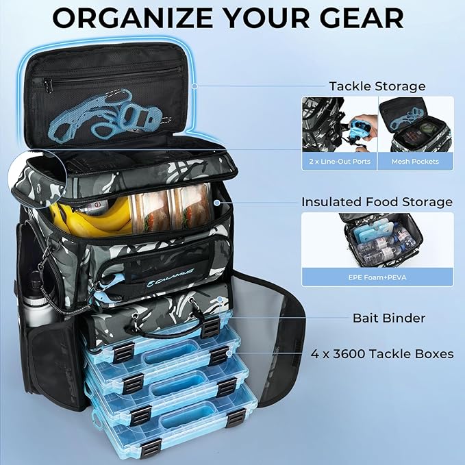 Calamus GearMaster Tackle Backpack with Bait Binder, Large Lightweight Water-Resistant Fishing Bag, Rod Holders, Food Storage
