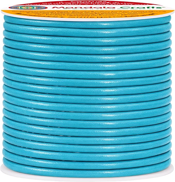 Mandala Crafts Round Genuine Turquoise Leather Cord for Jewelry Making – 2mm Cowhide Leather Rope String Lace for Kumihimo – 20 Yards Cowhide Craft Cording Spool