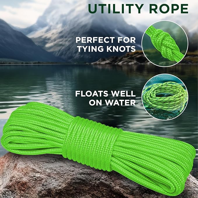 TECEUM Rope – 90 Feet x 1/4 Inch (7mm) – Neon Green – Strong All-Purpose Utility Rope – Camping, Crafting, Flag Pole, Indoor & Outdoor – Polypropylene Nylon Poly Lightweight Diamond Braided Cord