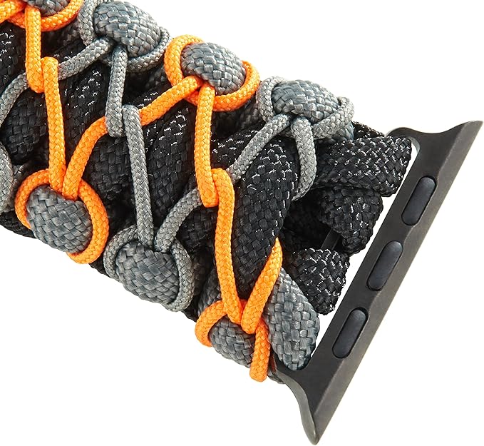Savior Survival Gear Paracord Watch Band,Compatible with Apple Watch Band 49mm 46mm 45mm 44mm 42mm,iWatch Band Series Ultra 10 9 8 7 6 5 4 3 2 1 SE, Adjustable strap for men ( Black-Gray-Orange,Large)