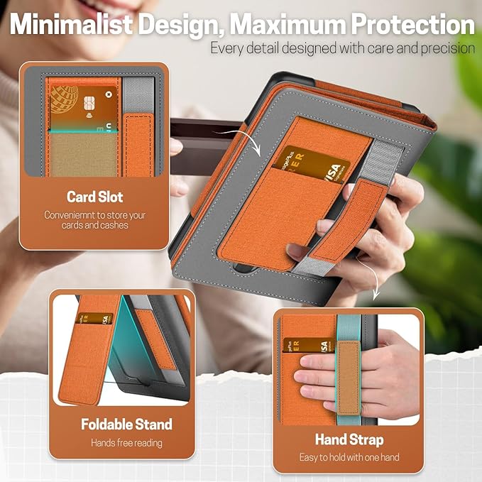 TNP Stand Case with Strap for Kindle Paperwhite 12th Gen 2024 / Kindle Colorsoft Signature Edition - 7" PU Leather Protective Folio Cover with Auto Wake/Sleep & Card Slot, Orange