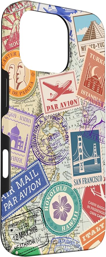 World Map Travel Passport Stamps Postage Stamp Case for iPhone 16 Pro