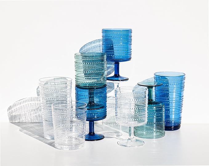 Beaded 14 oz Durable Acrylic Wine Glasses, Shatter-Resistant and Dishwasher-Safe Indoor/Outdoor Drinkware, Glass for Wine, Sangria, and Spritzers - Sea Green - Set of 6