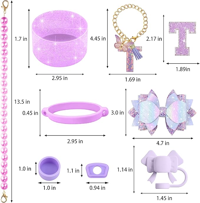 9PCS Purple for Stanley Cup Accessories Set Bling Initials Bow Charms for Stanley Decorations 30/40 Oz Tumbler Accessories Including Bow Straw Topper, Handle Strap, Spill Stopper（Letter T）