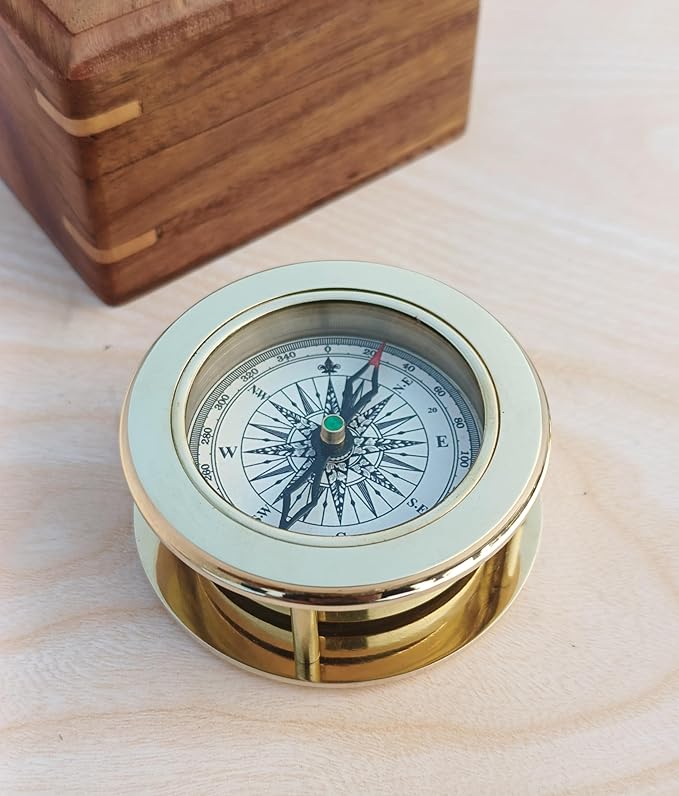 Vintage Brass Compass with Wooden Box – Antique Navigation Compass for Hiking, Camping, Gifts & Home Decor – Classic Map Reading Compass for Men