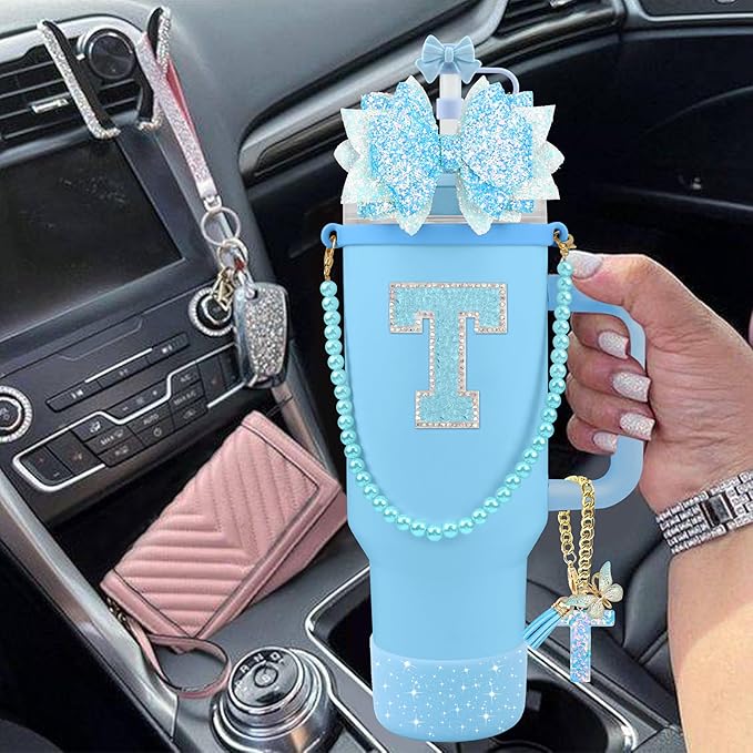 9PCS Blue for Stanley Cup Accessories Set Bling Initials Bow Charms for Stanley Decorations 30/40 Oz Tumbler Accessories Including Bow Straw Topper, Handle Strap, Spill Stopper（Letter T）