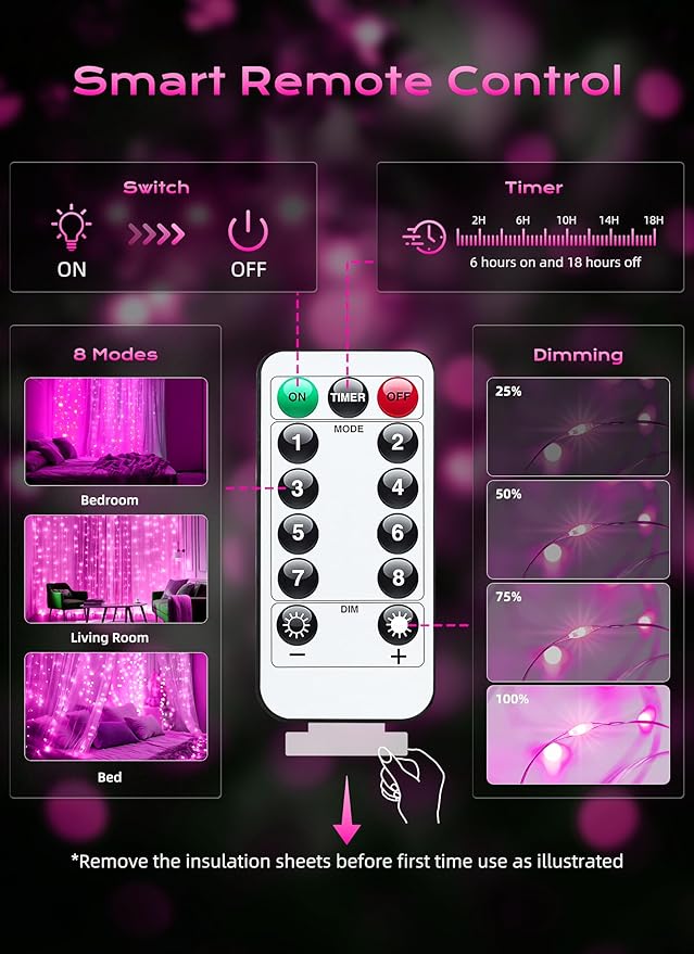 Brightown 300 LED Pink Fairy Curtain Lights, 9.8ft x 9.8ft String Lights, USB Plug in 8 Lighting Modes Christmas String Hanging Lights with Remote for Bedroom Indoor Outdoor Party Xmas Pink 1 Pack