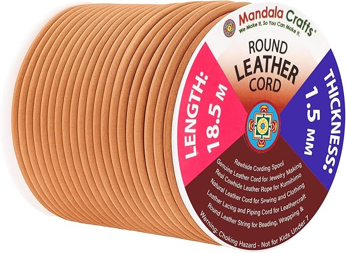 Mandala Crafts Round Genuine Tan Leather Cord for Jewelry Making – 1.5mm Cowhide Leather Rope String Lace for Kumihimo – 20 Yards Cowhide Craft Cording Spool