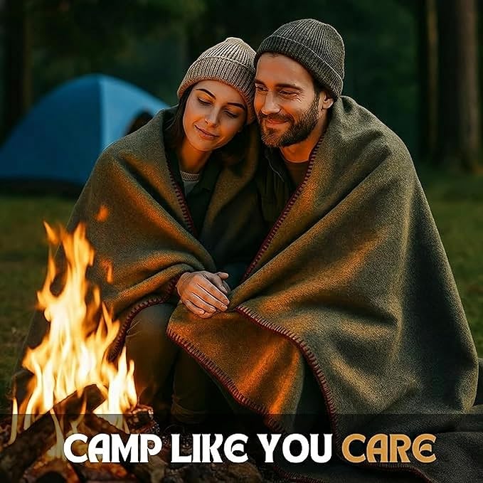 Wool Camping Blanket - 70% Wool Heavy-Duty Military Style Throw, Warm & Washable, Fire Retardant Cover for Emergency, Survival & Outdoor Use - Perfect for Camping, Car, Home & Hiking, Olive 62x84