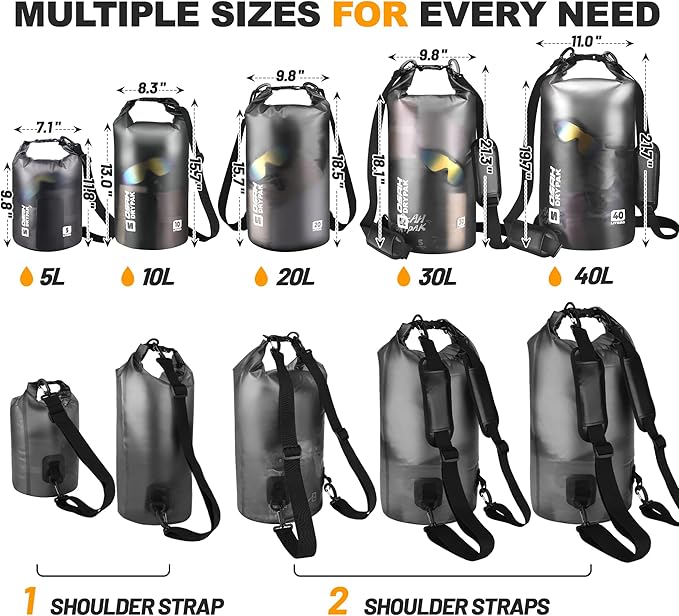 Waterproof Dry Bag, 5L/10L/20L/30L/40L Roll Top Lightweight Storage Backpack with Phone Case for Women & Men, Floating Waterproof Sack for Travel, Swimming, Kayaking, Paddle Board, Camping & Beach
