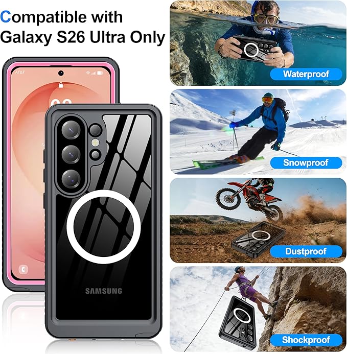 ANTSHARE IP68 Waterproof Case for Samsung Galaxy S26 Ultra [2026] - MagSafe Compatible, Built-in Screen/Lens Protector - Shockproof Full Body Protection for Swimming/Outdoor, Pink/Clear