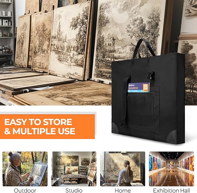 Nicpro Large Size Art Portfolio Case, Artist Portfolio Tote Bag with Leather Corners & Side Widening, Waterproof Storage Portfolio Folder with 3 Pockets for 24'' x 36'' Poster Canvas Sketching Drawing