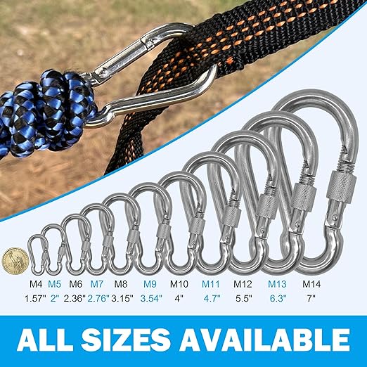 304 Stainless Steel Carabiners -4.7 inch Heavy Duty, Durable & Rust-Free Clips for Gym, Swing, Dog Leashes, Hammocks, Keychains, and More(304,M11 with Screw,Pack of 2)