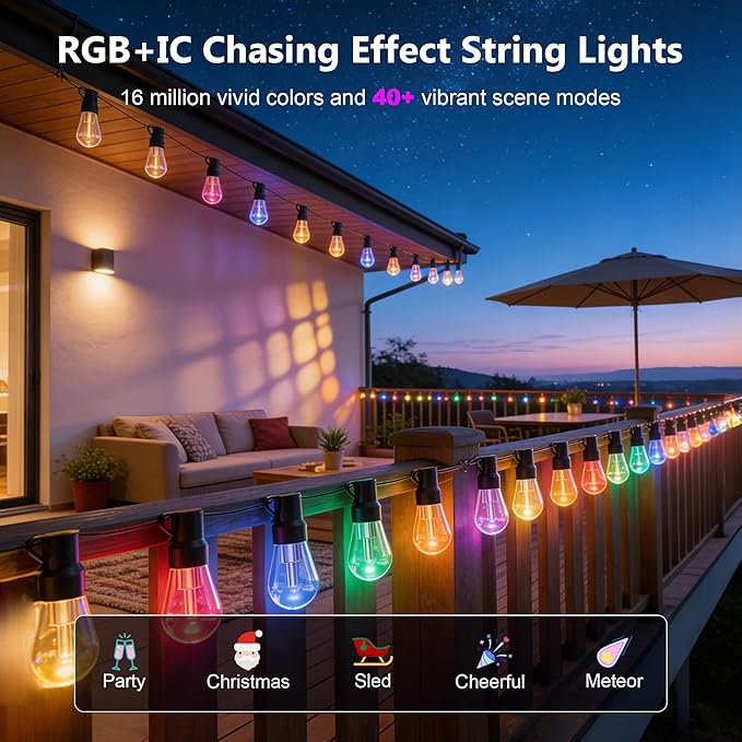 Beizelte Outdoor String Lights, 300FT RGB+IC Outside Light Dimmable Shatterproof LED Bulbs, IP67 Waterproof Chasing Effect Lighting DreamColor Patio Strip Lights for Backyard, Balcony, Outdoor Living