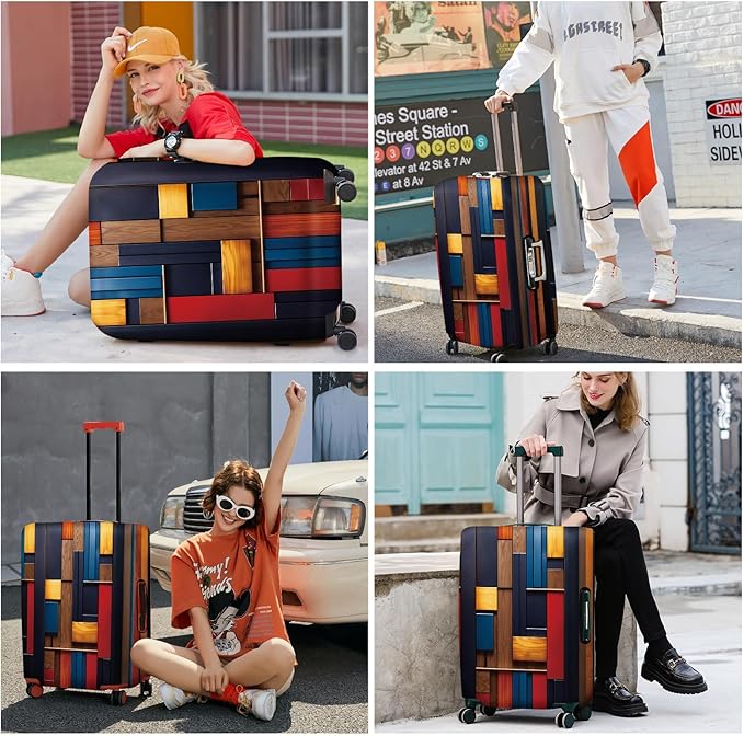 ANNA QUEEN Modern Geometric Wood Luggage Cover, Abstract Panel Suitcase Protector for 32-34 Inch Luggage