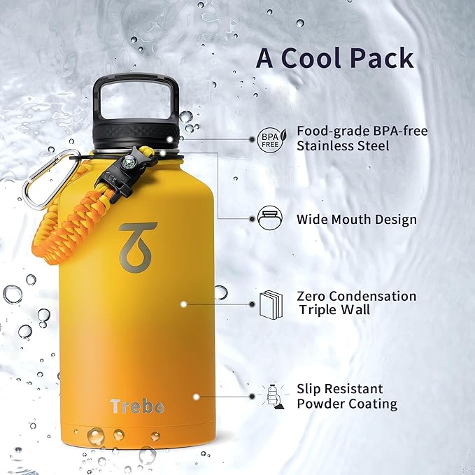 Trebo Insulated Water Bottle 64 oz, Half Gallon Metal Vacuum Water Jug with Paracord Handle and 3 Lids, Leakproof BPA-Free Water Flask for Gym Sports Hiking Travel, Keep Cold 48 Hours, Orange