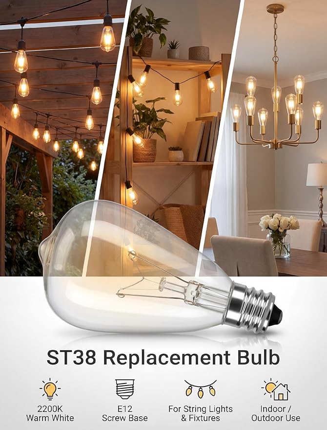 ST38 Edison Replacement Light Bulbs, 7W Clear Glass String Lights for Outdoor Patio Garden Wedding Decor, C7/E12 Screw Base, 10 Pack