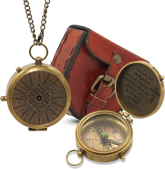 Handmade Brass Antique Compass with Leather Case – Vintage Finish Functional Pocket Navigation Tool for Travel, Hiking & Gift