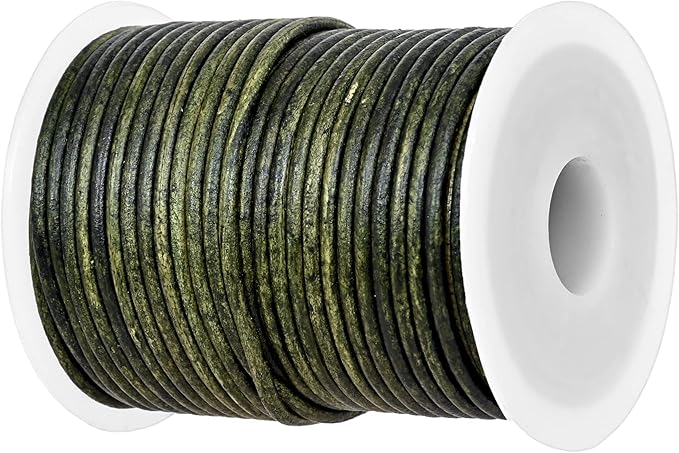 GENIQUE Real/Genuine Round Leather String Cord for Necklace, Bracelets, Jewelry, Kumihimo Braiding, DIY Projects (20 Metres) (2mm, Green Distressed)