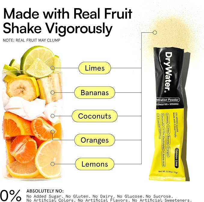 DryWater Electrolyte Powder Packets, Lemon Lime - Hydration Packets Drink Mix with Zero Added Sugar for Rehydration & Energy - 6 Key Electrolytes, 5 Essential Vitamins & 5 Real Fruits - 12 Pack