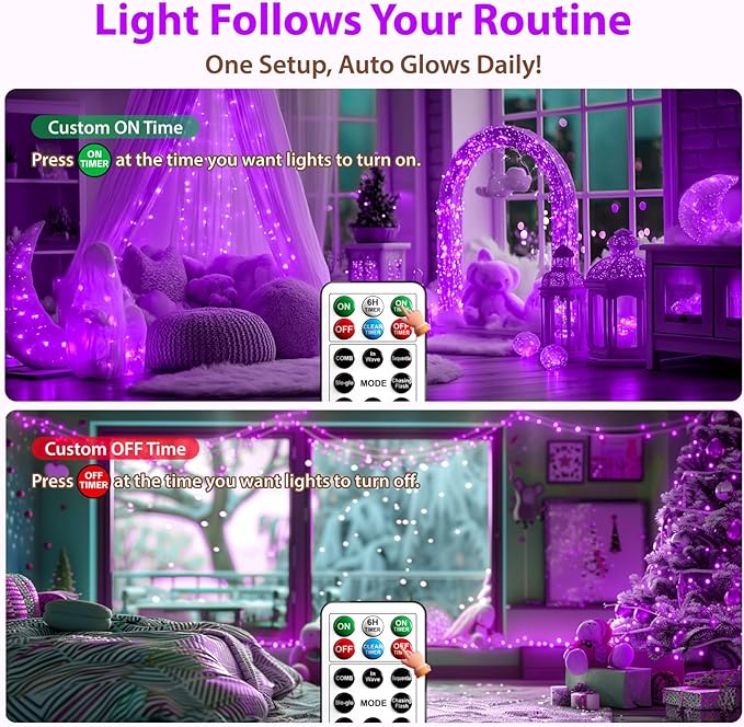 HXWEIYE Rechargeable Fairy Lights with Remote & DIY Timer, 33ft 100LED Battery Operated Twinkle String Lights, 8 Modes Decor Light for Bedroom Indoor Wedding Dorm Christmas Tree Party (Purple)