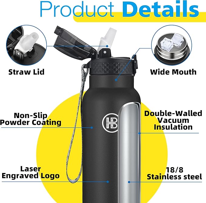 Han's Bottle Sports Water Bottle - 32 Oz, Straw Lid, Leak Proof, Vacuum Insulated Stainless Steel, Double Walled, Thermo Mug,Black
