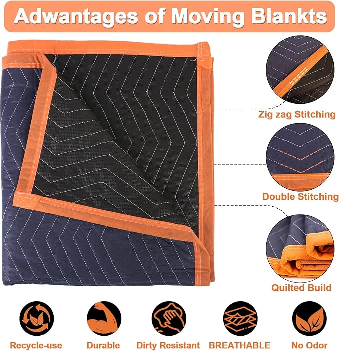 6 Moving Blankets 72x80in with 3 Elastic Rubber Band (196in Extendable to 400in) – Durable Quilted Moving Blanket-Heavy Duty Shipping Blankets (Total Weight 26.4 lbs,Black/Blue)