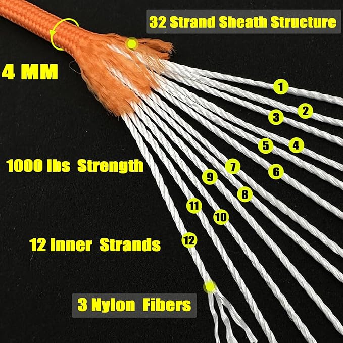 VVAAGG 1000 Orange Paracord 200FT Utility Parachute Cord 4mm Nylon String12 Strand Nylon Camping Rope, Tent Rope, Clothsline Rope for Survival & Camping Gear (Orange, 200FT)