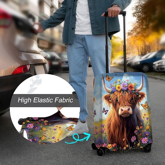 Luggage Cover Protector for 19-20 Inch Suitcases, TSA Approved Elastic Travel Suitcase Covers, Anti-Scratch Washable Luggage Sleeve for Carry On & Checked Bags, Cute Highland Cow