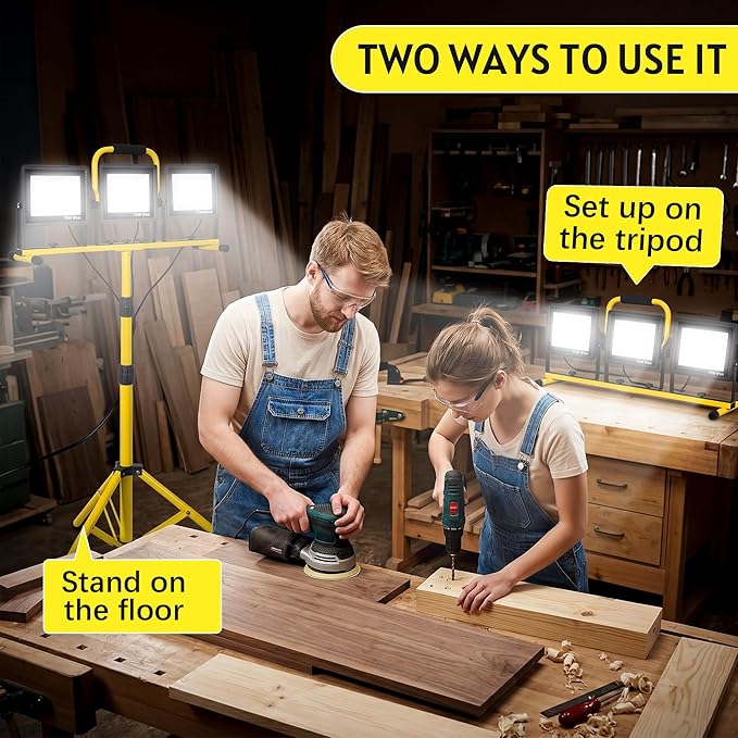 21000 LM LED Work Light with Stand, 3-Head Adjustable Portable Tripod Light with Individual Switches, IP66 Waterproof, 16.4FT Cord for Garage Workshop Job Site Construction Indoor Outdoor Lighting