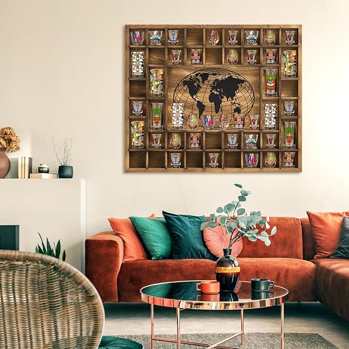 GlikCeil 44 Slots 28 x 23'' Medium World Map Shot Glass Display Case Rustic Wood Shot Glass Holder for Different Size Wineglass Bar Shelf Organizer Storage Cabinet Decor