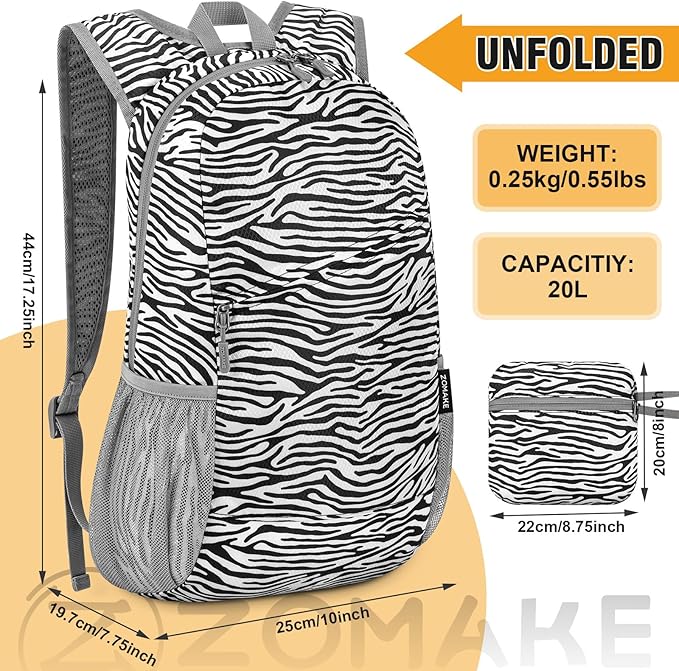 ZOMAKE Lightweight Packable Backpack,Foldable Backpacks Small Daypack for Hiking Water Resistant Day Bag for Travel(Zebra print)