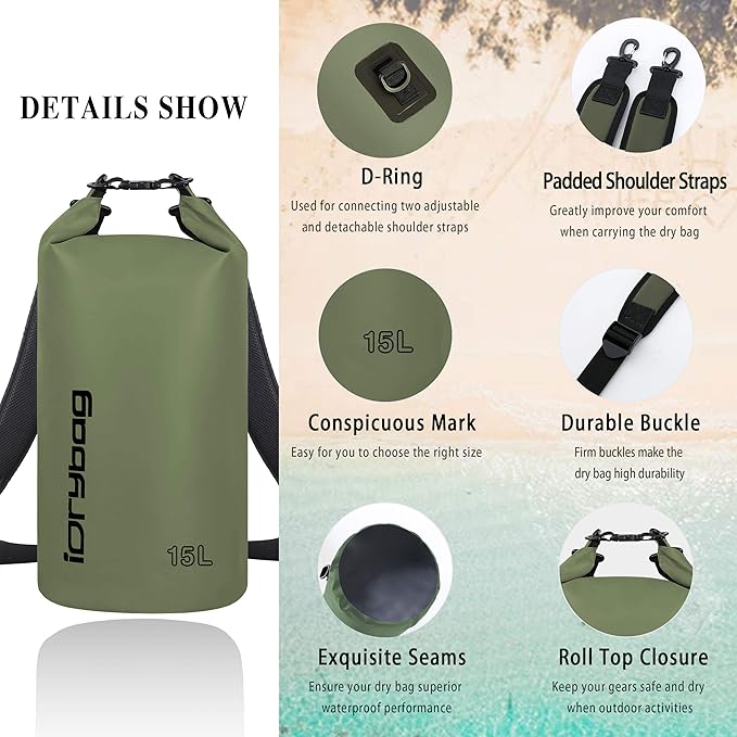 IDRYBAG Dry Bag for Kayaking Waterproof 2L/5L/10L/15L/20L, Small Dry Sack Waterproof Bag for Boating
