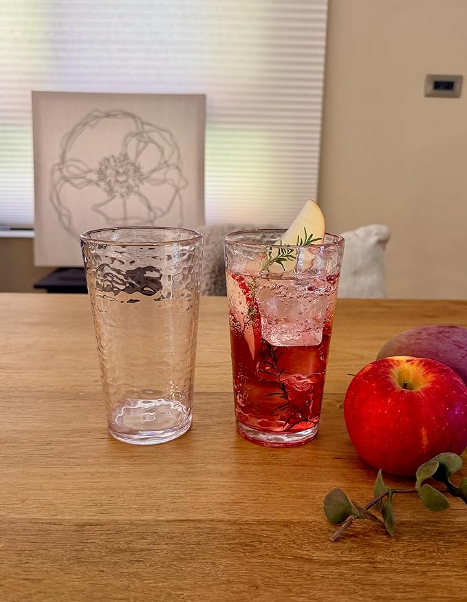 KLIFA- NICE- 20 ounce, Set of 6, Acrylic Highball Drinking Glasses, BPA-Free, Stackable Plastic Drinkware, Dishwasher Safe Cups, Clear