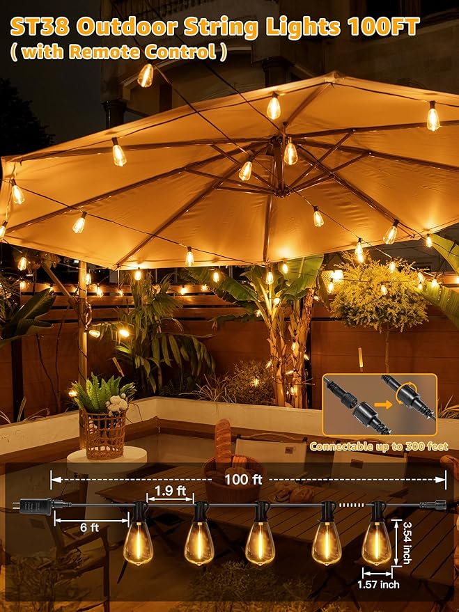 Guhope Outdoor String Lights Dimmable with Remote, 100 FT Outdoor Lights with 2 Timer and 3 Mode, Waterproof & Shatterproof Patio Lights, 2200K Energy Saving String Lights 3 Spare Bulbs for Patio Yard