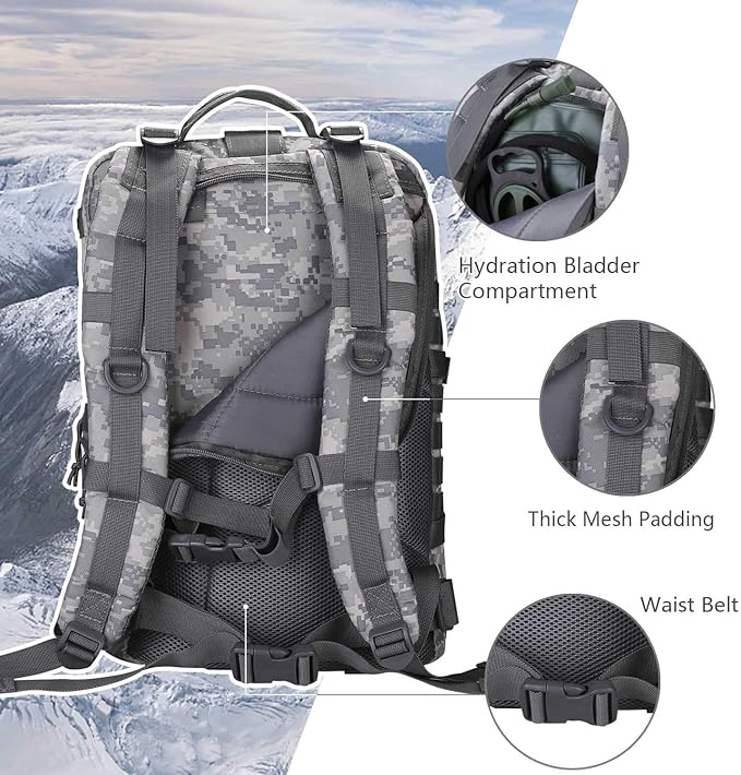 Hannibal Tactical MOLLE Assault Backpack, Tactical Backpack Army Military Camping Rucksack, 3-Day Pack Travel Trip w/USA Flag Patch, D-Rings, ACU Camo