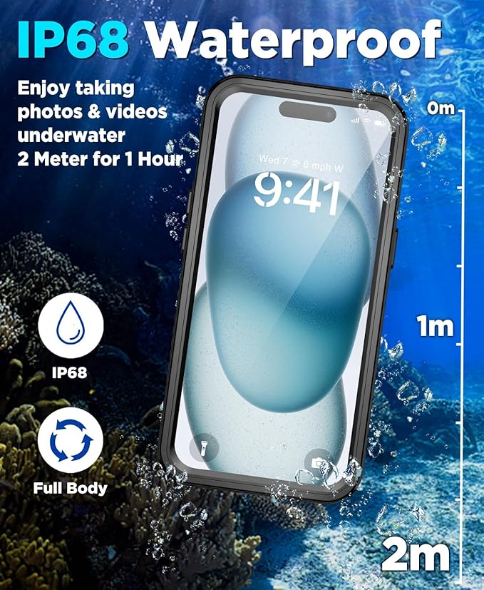 Beeasy for iPhone 15 Waterproof Case Compatible with Magsafe IP68 Underwater Military Grade, Phone Case with Shockproof, Dustproof, Rugged 360 Full Body Protection Cover with Built-in Screen Protector