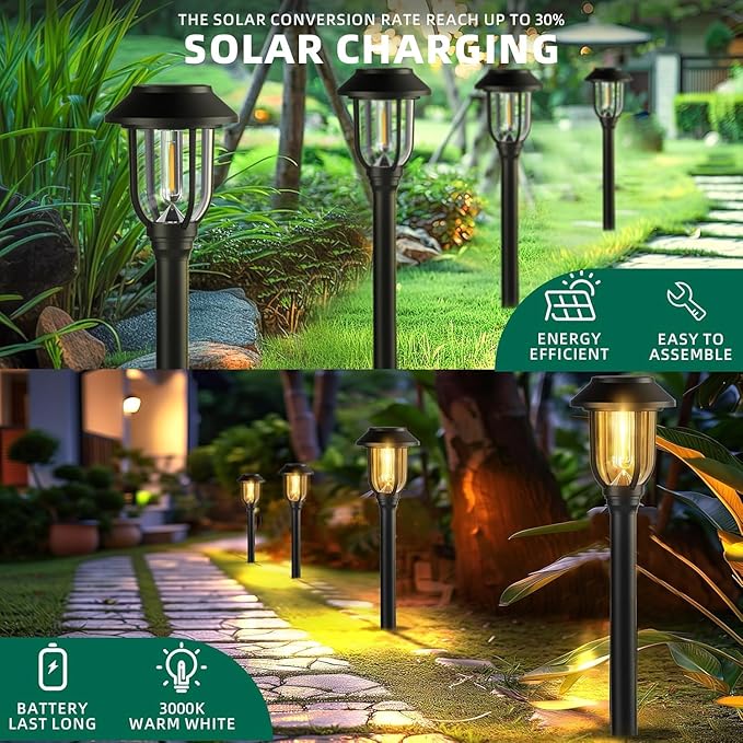 Solar Pathway Lights Outdoor 8 Pack, Warm White Solar Path Lights, Waterproof Energy Efficient Landscape Decorative Lights Auto On/Off, Solar Garden Lights for Yard Walkway Driveway Patio