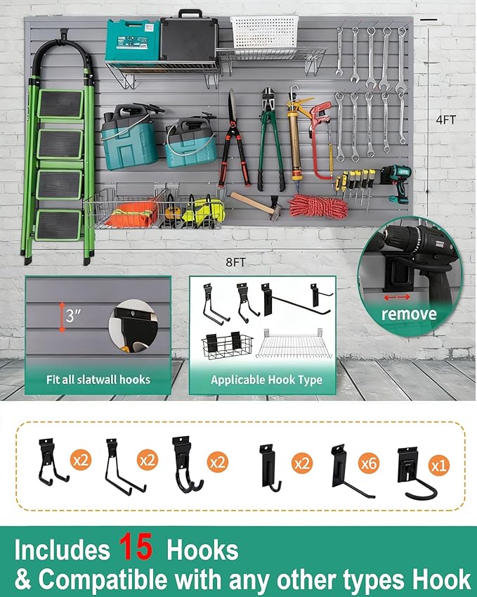 FRAYSCENT Slat Wall Paneling Garage Slat Wall Storage Systems Slatwall Panels Power Tool Organizer Wall Mount, PVC Garage Storage & Organization Products Slate Board (Grey, 4ft x 8ft with 15 Hooks)