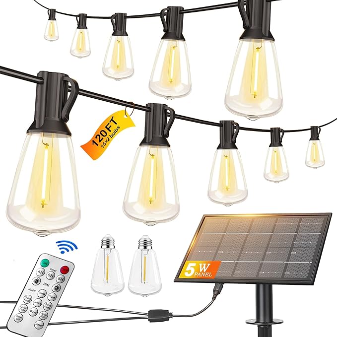 BLIATLUS 120FT Solar String Lights Outdoor Waterproof with Remote Control Solar Patio Lights 30+2 shatterproof LED ST38 Bulbs for Porch Garden Market Bistro Patio Backyard Fence