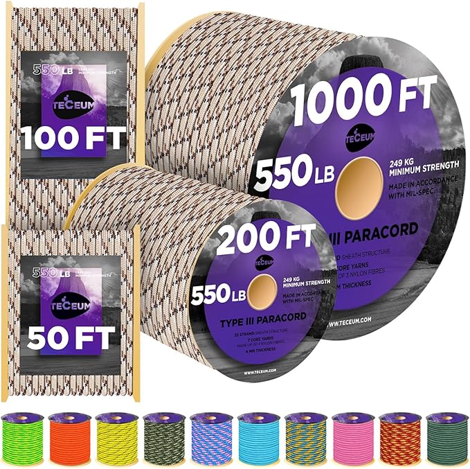TECEUM Reflective Paracord Rope 1000 – 1000ft/200ft/100ft/50ft – 40+ Colors – Glow in The Dark – para Cord – Utility Rope for Survival, Hunting & Camping Gear – Nylon String, Camping Rope, Tent Cord