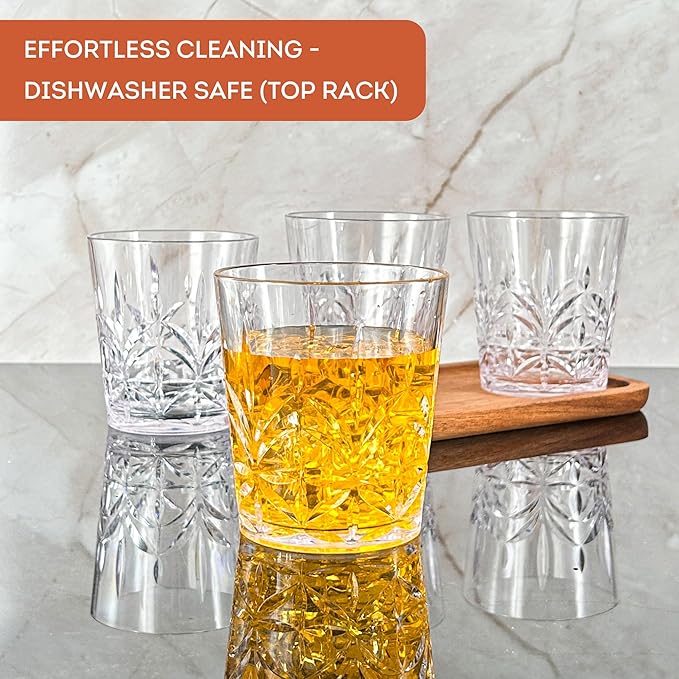 Lily's Home Unbreakable Premium Drinking Glasses Set of 4, Plastic Cups, Reusable Drinkware, Tumblers Water Cups, Shatterproof & Stackable, Indoor & Outdoor, 3.5in×3.9in, 13.5oz. Made in Taiwan.