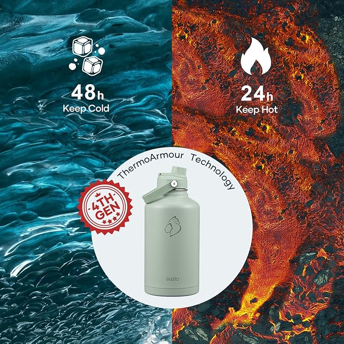 BUZIO 64oz Insulated Water Bottle, Half gallon Stainless Steel Jug (Cold for 48 Hrs), Triple Wall Vacuum Large Metal Flask with Leakproof Straw Lid and Carry Sleeve, Sage Green