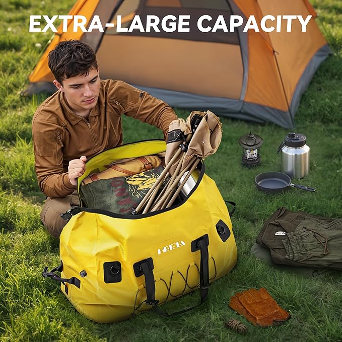 HEETA Waterproof Duffel Bag Motorcycle Dry Bag Backpack, 60L/80L Extra Large Rolltop Travel Duffle Bags with Straps & Handles for Kayaking Rafting Boating Canoeing Camping Gym Beach Cruise Ship