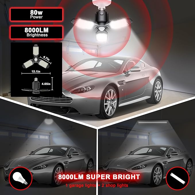 Motion Sensor Garage Light, 80W Garage Lights Ceiling Led Motion Activated,Dusk to Dawn Sensor Lights,Ultra Bright LED Shop Light Bulb,Screw in Lights for Barn,Basement(4Pack)