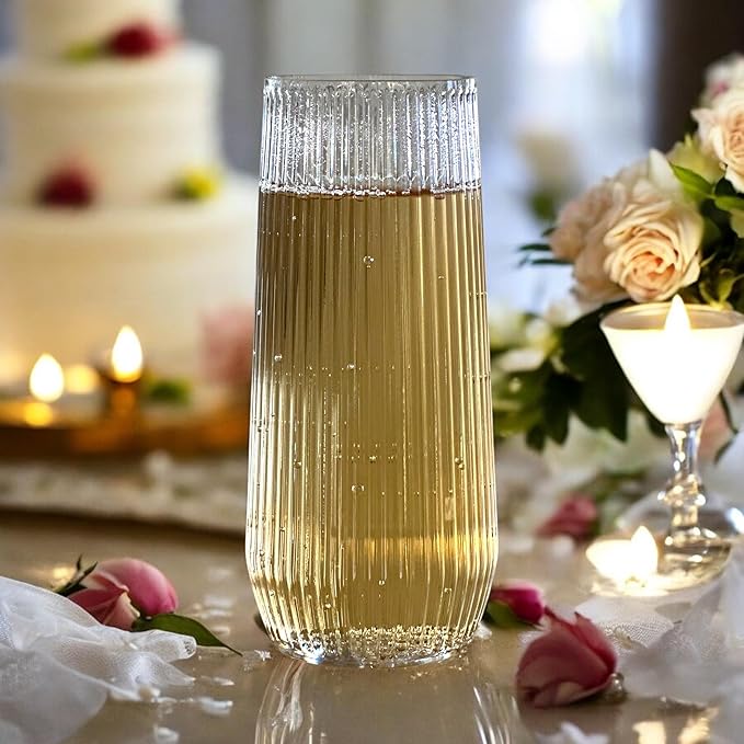Oojami 48 Pack Ribbed Origami Ripple Plastic Glasses, 24 Stemless 9oz Champagne Flutes & 24 12oz Cups - Reusable BPA-Free Shatterproof Disposable Drinkware for Wedding Party Bar (Clear)