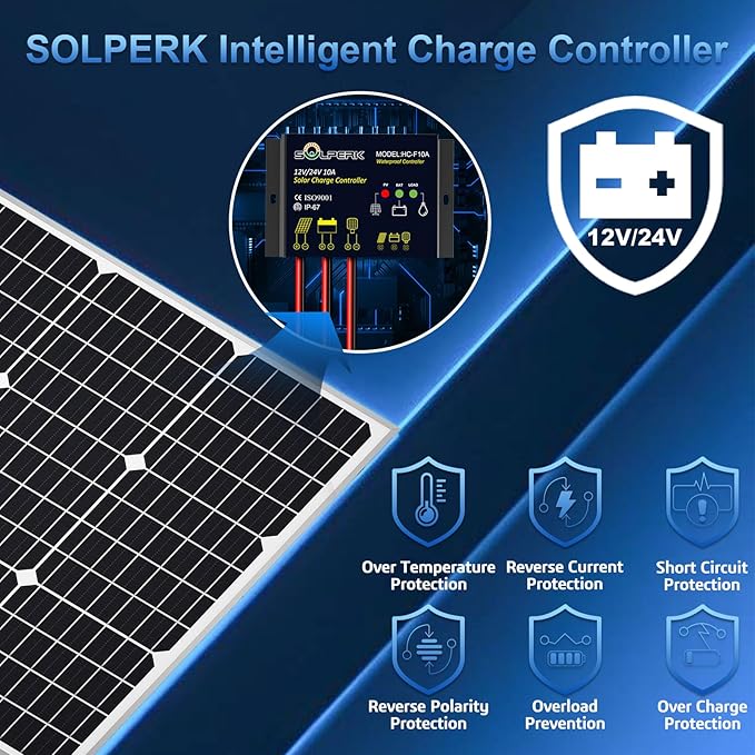 SOLPERK Solar Panel Kit 50W 12V, Waterproof Solar Battery Trickle Charger Maintainer + Waterproof Controller + Adjustable Mount Bracket for Boat Car RV Motorcycle(Without Mounting Bracket)